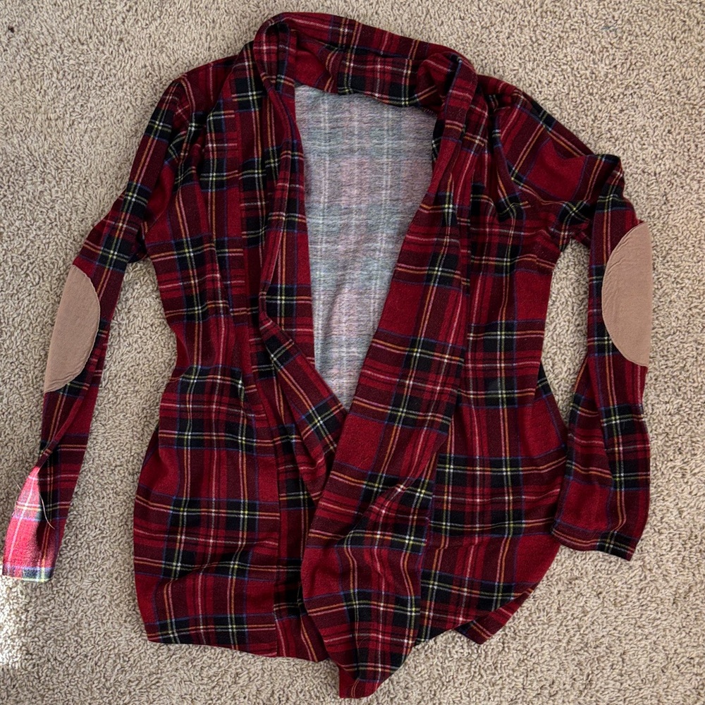 Red Plaid Open Cardigan with Elbow Patches